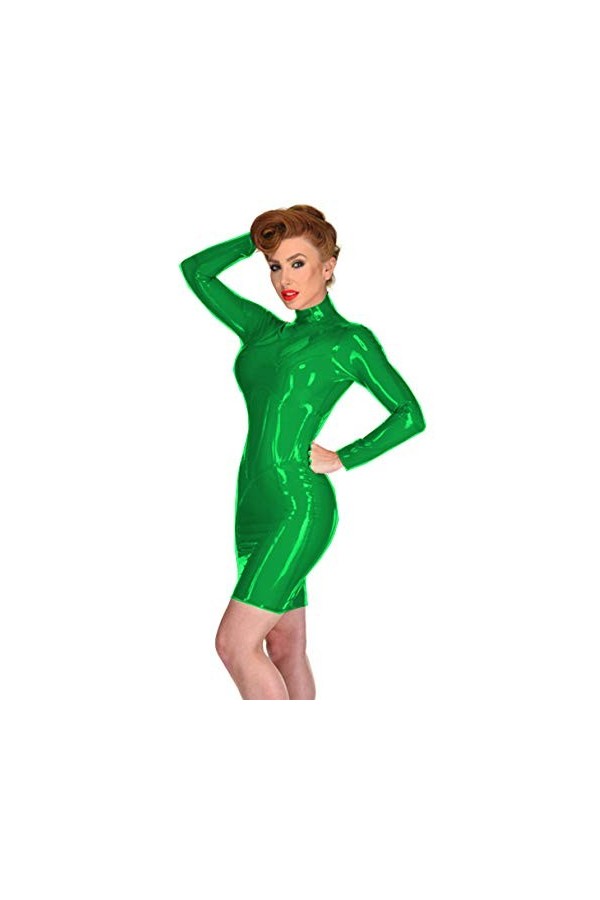 UUKR Dame robe en cuir PVC plus taille sexy molleton mini robes à manches longues brillantes PU brillantes bidon à la fermetu