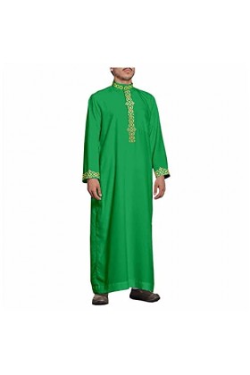 Kuendrem Mode Musulmane pour Hommes Jubba Thobe avec Dentelle Manches Longues Texture Islamique Simple Robe Confortable