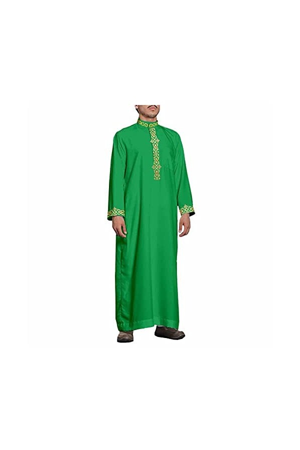Kuendrem Mode Musulmane pour Hommes Jubba Thobe avec Dentelle Manches Longues Texture Islamique Simple Robe Confortable