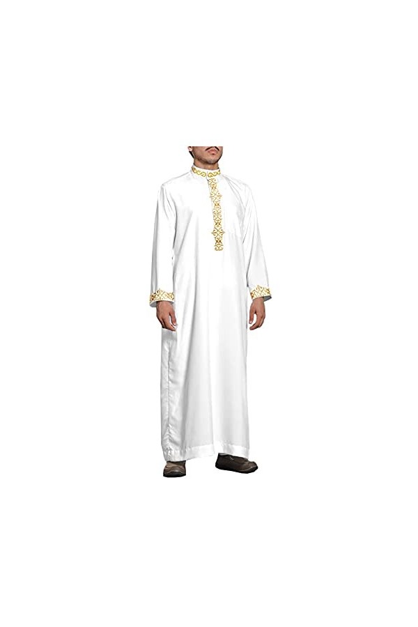 Kuendrem Mode Musulmane pour Hommes Jubba Thobe avec Dentelle Manches Longues Texture Islamique Simple Robe Confortable