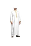 Kuendrem Mode Musulmane pour Hommes Jubba Thobe avec Dentelle Manches Longues Texture Islamique Simple Robe Confortable
