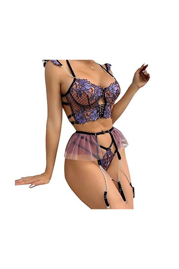 Lingerie Sexy pour Femmes, Uniforme Sexuel à Lacets avec chaîne en métal, Trois pièces