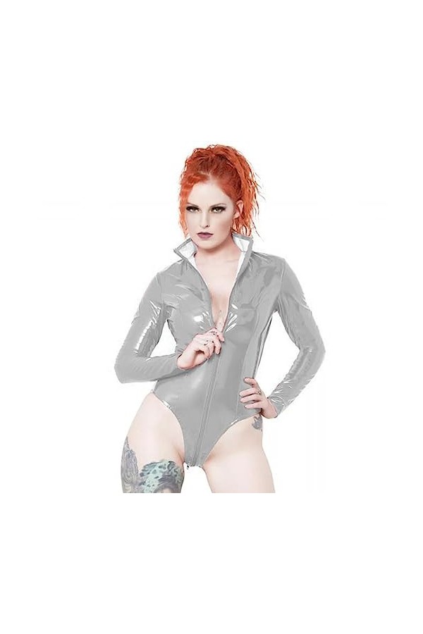 Body en cuir pour fermeture éclair - Manches longues - Effet mouillé - En PVC - Pour femme - Argenté, XXXL