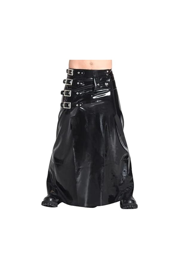 Jupes de Kilt en Latex Noir Sexy avec Ceintures et Boucles sur Le côté Longue Cheville Longueur Bas en Caoutchouc Uniforme