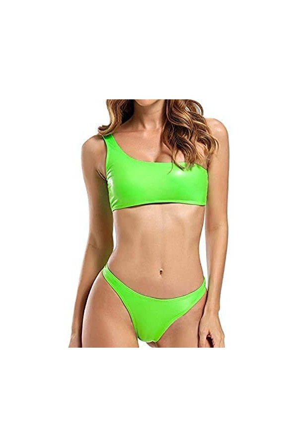 Latex Caoutchouc Femmes Une Épaule String Bikini Ensemble Sexy Brillant 2 Pièces Maillot De Bain,Vert Clair,Petit