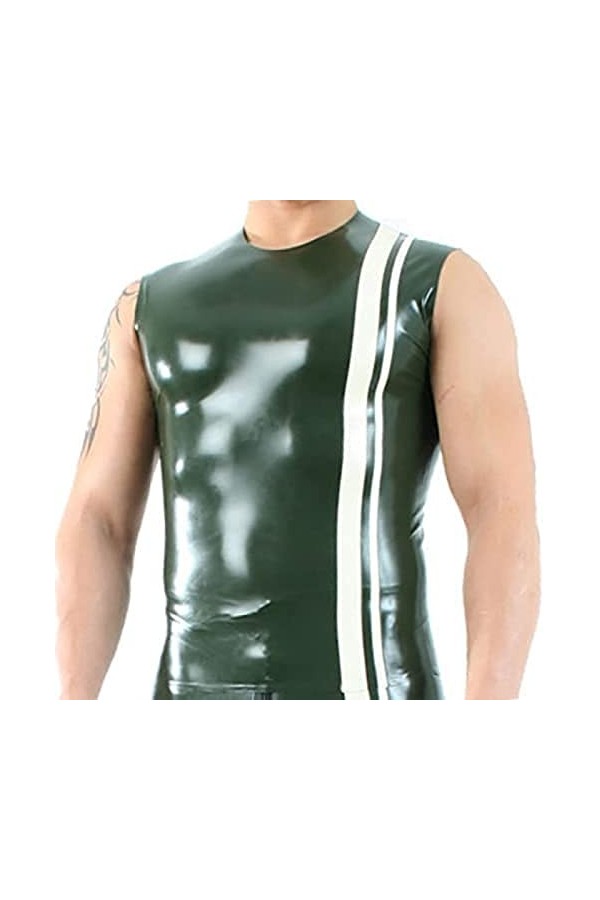 Stripe Trims Front Sexy Latex Tank Sans Manches Haut En Caoutchouc Vêtements, Bleu Avec Blanc,Trans Vert W Blanc,homme XXL