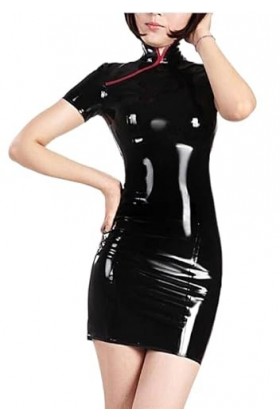 SUPERCH Robe Latex Classique Chinois Cheongsam Robe Sexy Latex Manches Courtes