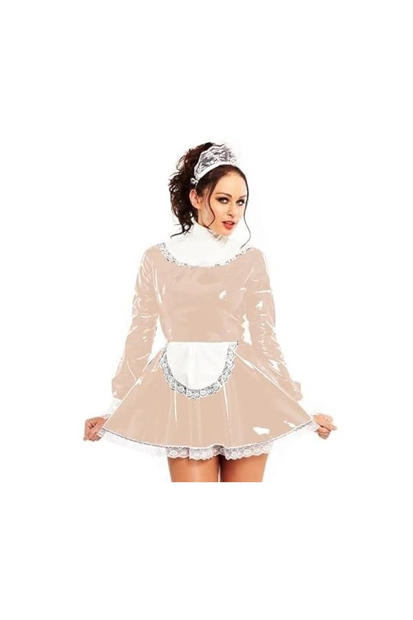JVHGE Femme de chambre française en cuir PVC dentelle robe caoutchouc Lolita uniformes robes avec tablier Sexy Cosplay robe M