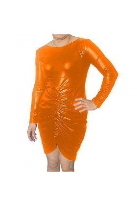 Mini robe plissée sexy à manches longues en cuir PU pour femme - Style streetwear sexy et brillant - Mini robe de cosplay 7XL