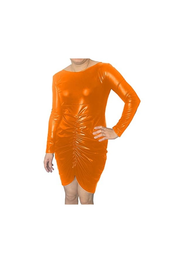 Mini robe plissée sexy à manches longues en cuir PU pour femme - Style streetwear sexy et brillant - Mini robe de cosplay 7XL