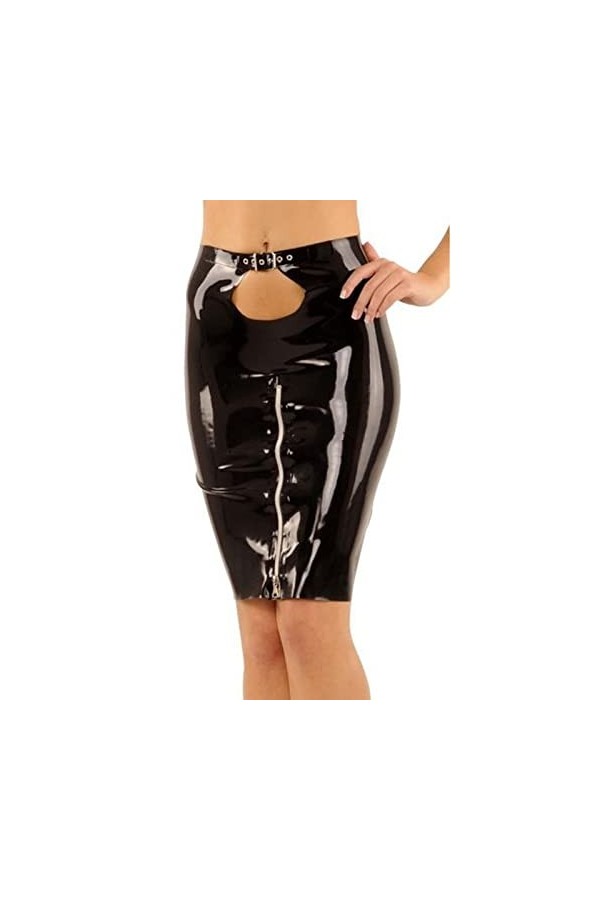 Jupe noire sexy en latex au-dessus du genou avec fermetures éclair et ceinture ouverte sur le devant, Rouge, 36