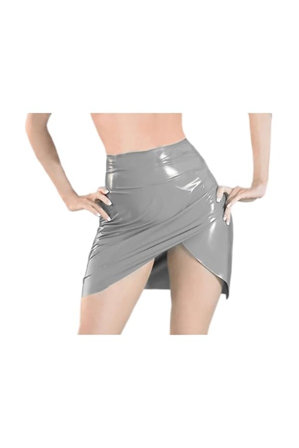 IDDSI Mini Jupes Sexy en Latex argentées au-Dessus du Genou Fendues sur Le Devant, Noir, XL