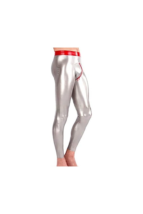 Pantalon En Latex Sexy Avec Garnitures Argentées Et Rouges Avec Pantalon De Leggings En Caoutchouc À Fermeture À Glissière En