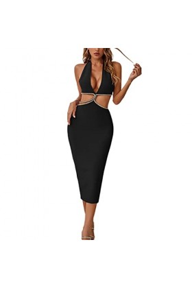 SHANPO Robe à la Mode pour Femmes Design Taille Haute Dos Nu Tempérament Cou Sexy Taille Ouverte,Noir,S