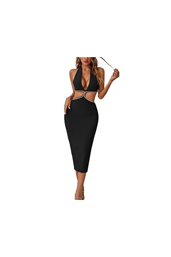 SHANPO Robe à la Mode pour Femmes Design Taille Haute Dos Nu Tempérament Cou Sexy Taille Ouverte,Noir,S
