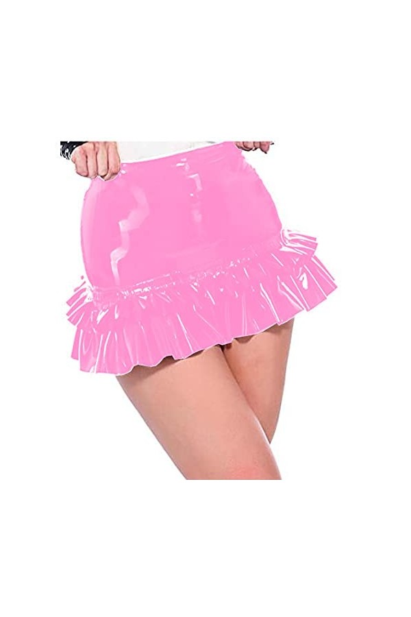 Mini jupe sexy rose en cuir pour femme - Pour fête en boîte de nuit - En cuir PVC - Pour pole dance - Costume sexy - Crayon p