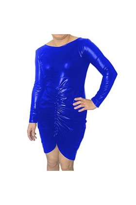 Mini robe plissée sexy à manches longues en cuir PU pour femme - Style streetwear sexy et brillant - Mini robe de cosplay 7XL