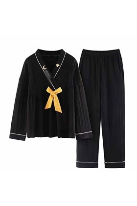 STRAW Pajamas dautomne noir à deux pièces de coton lâche for femmes Color : A, Size : X-Large 