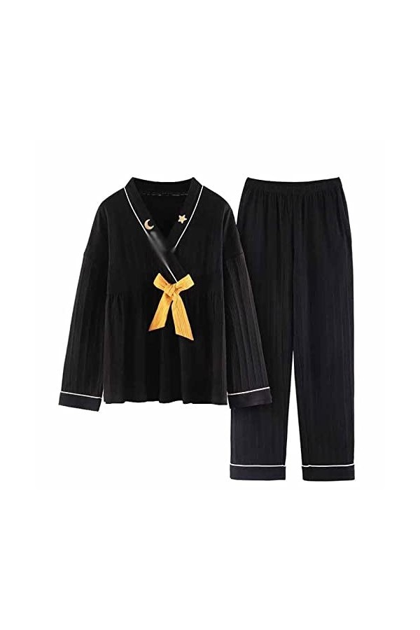 STRAW Pajamas dautomne noir à deux pièces de coton lâche for femmes Color : A, Size : X-Large 