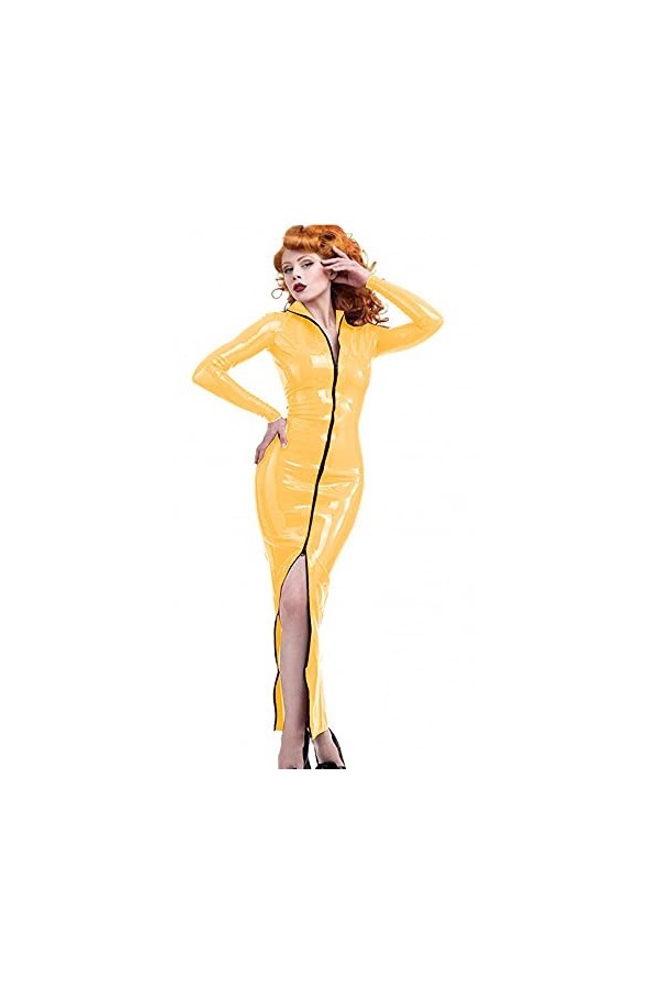UUKR Double à fermeture à glissière avant PVC Robe PVC Plus Taille Robes de la cheville Femmes Sexy Gaine Sexy Manches Longue
