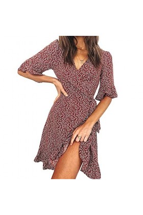 CHYSP Robes élégantes pour Femmes Sexy col en V imprimé Floral Robe à Manches Courtes Vacances Vacances Confortable Respirant