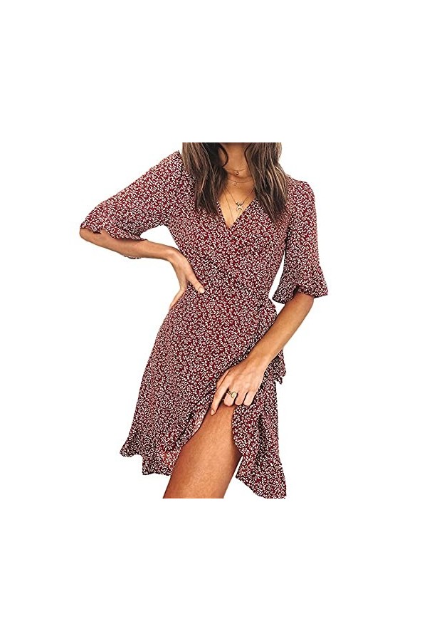 CHYSP Robes élégantes pour Femmes Sexy col en V imprimé Floral Robe à Manches Courtes Vacances Vacances Confortable Respirant