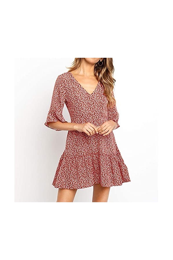 CHYSP Sexy Robes pour Femmes V-Col V-Col à Trois Quarts de Soie imprimée High Taille Robe Holiday Holiday Street Respirant Co