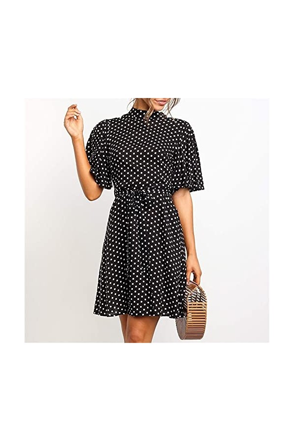 CHYSP Robes dété Femmes Polka Dot Print Dentelle High Col Dentelle Robes en Mousseline de Soie à Manches Courtes Confortable