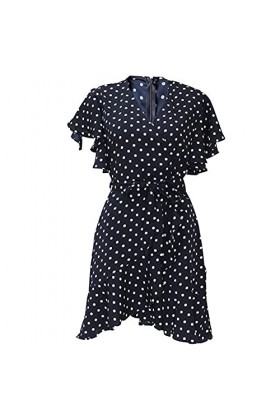 CHYSP Fashion Casual Robes pour Femmes Polka Dot imprimé Col V à Manches Courtes à Manches Courtes Robe de Mousseline de Mous