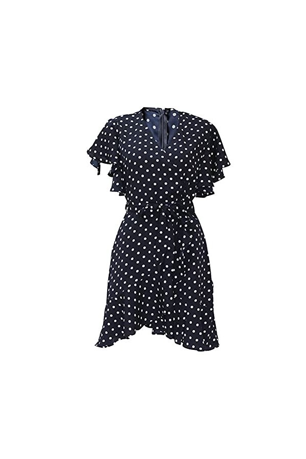 CHYSP Fashion Casual Robes pour Femmes Polka Dot imprimé Col V à Manches Courtes à Manches Courtes Robe de Mousseline de Mous