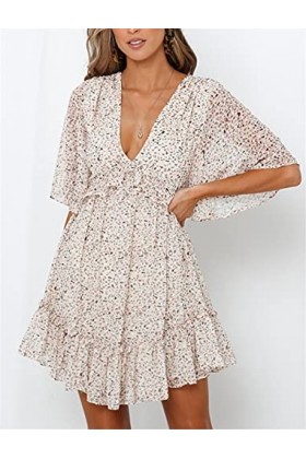 CHYSP Robes élégantes pour Femmes Sexy Col V-Col en Mousseline à Manches Courtes Robes imprimées à Manches Courtes Confortabl