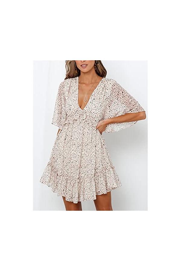 CHYSP Robes élégantes pour Femmes Sexy Col V-Col en Mousseline à Manches Courtes Robes imprimées à Manches Courtes Confortabl