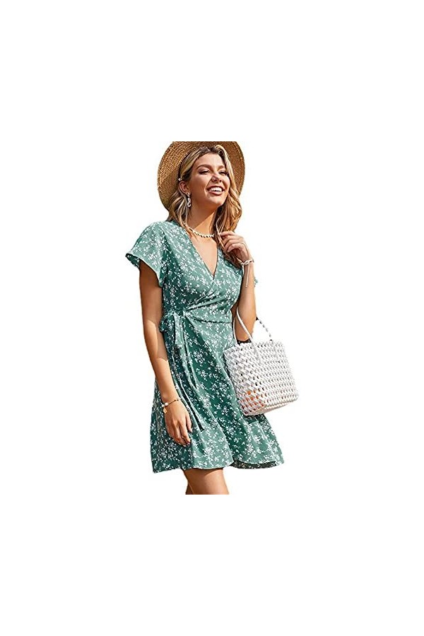 CHYSP Robes pour Femmes Mousseline Mode de Mousseline Été V-Cou Imprimer Mine Mince Robes féminines à Manches Courtes Confort