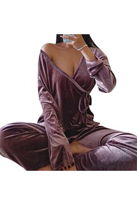 RWRAPS Pyjama Chaud en Velours pour Femmes Robes et Pantalons Poche Solide Manches Longues Épais Home Wear Costume de Nuit d