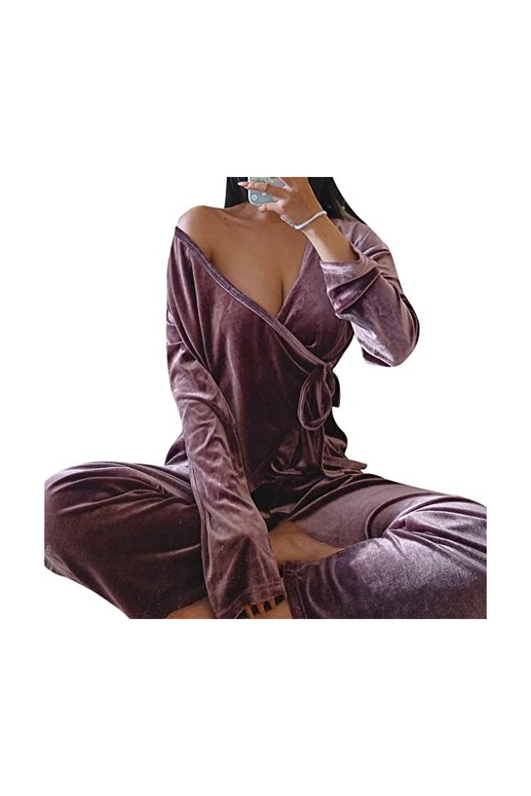 RWRAPS Pyjama Chaud en Velours pour Femmes Robes et Pantalons Poche Solide Manches Longues Épais Home Wear Costume de Nuit d