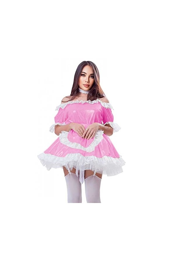 Mini robe à manches mi-longues et épaules dénudées pour femme en dentelle avec tablier, tenue de soubrette française grande t