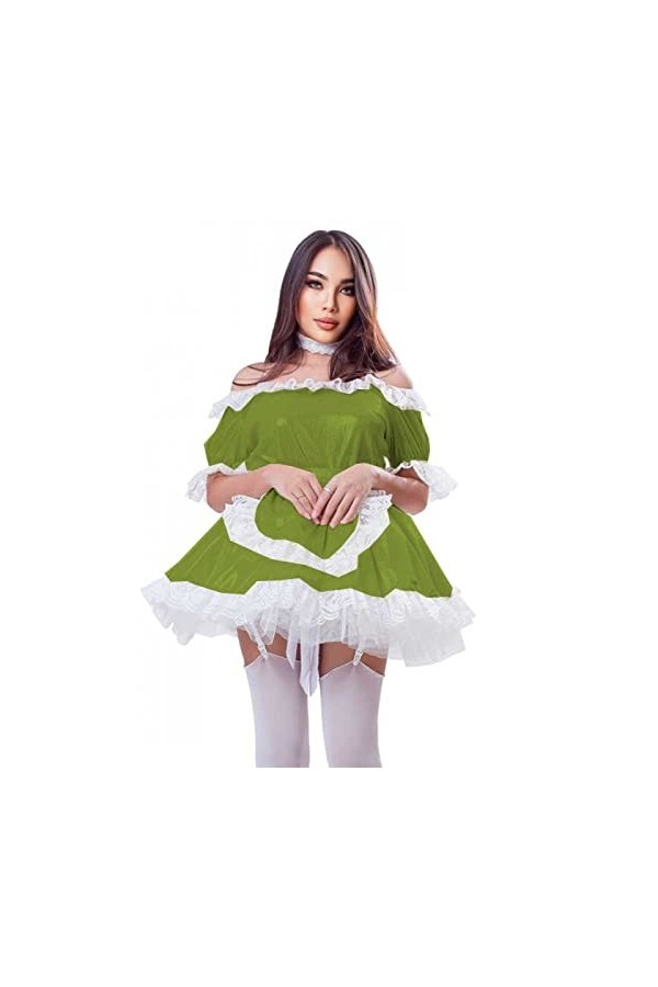 Mini robe à manches mi-longues et épaules dénudées pour femme en dentelle avec tablier, tenue de soubrette française grande t