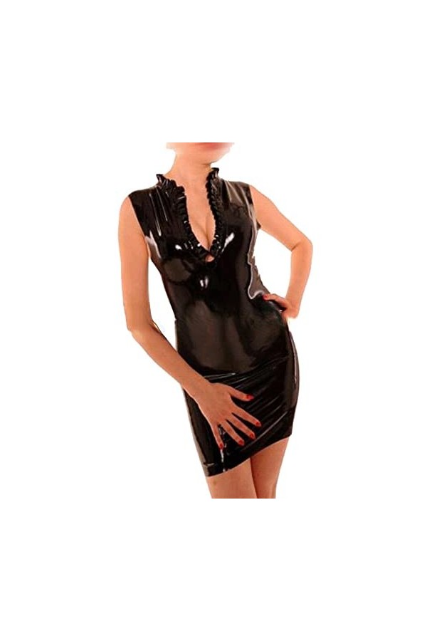 MCWJ Robe sexy en latex naturel avec décolleté en V profond et fermeture éclair dans le dos, bleu, XL