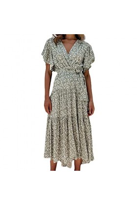 CHYSP Fashion Femmes Robes Summer Mousseline Été À Manches Courtes imprimées Taille Haute Taille V-Col V-Col Veques Dresses 