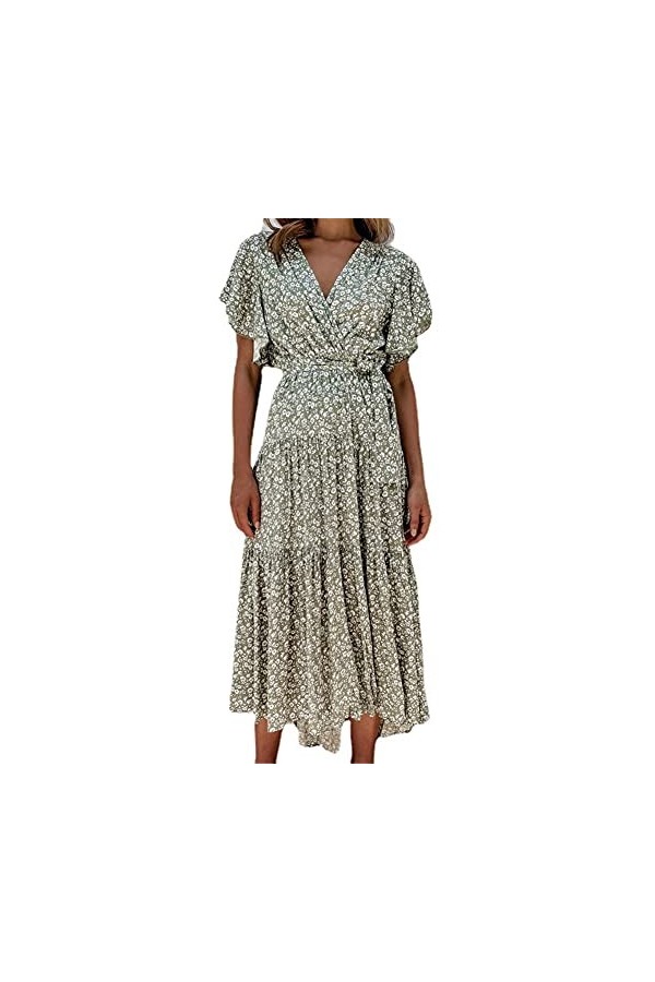 CHYSP Fashion Femmes Robes Summer Mousseline Été À Manches Courtes imprimées Taille Haute Taille V-Col V-Col Veques Dresses 