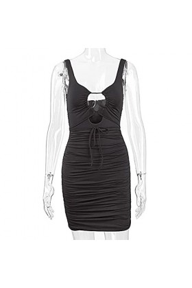 CHYSP Robes de Femme dété Sexy Creuse Creuse suspendeur Robe Robe de soirée élégante vêtements de Dames Minces Color : Blac