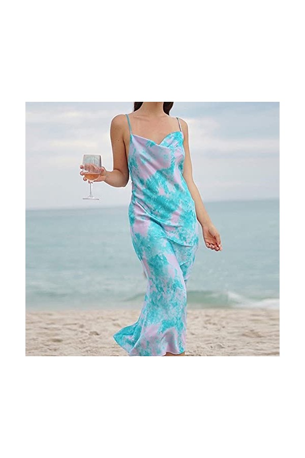 CHYSP Robes de Mode Femme avec Bretelles imprimées Halter Blue Jupes Long Jupes Robe Robe de soirée Élégante Vêtements Slim D