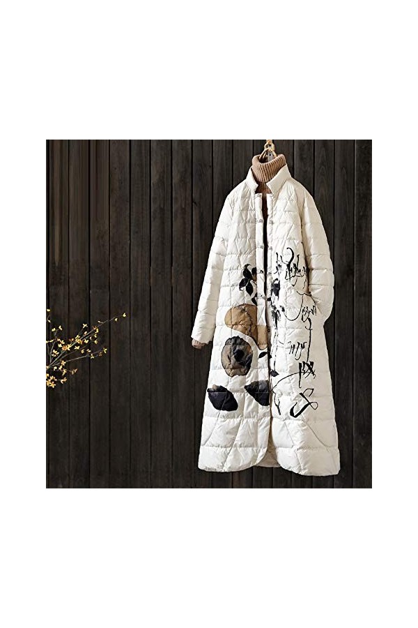 nouler Rétro Chaud Veste Longue Section Automne Et Hiver Manteau Peinture Abstraite Mince,Blanc,M