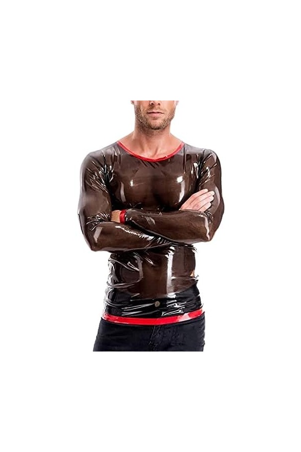 IDOBLO T-Shirt en Latex Noir Transparent avec Garnitures Rouges Hauts en Latex À Manches Longues Personnalisés,Couleur des Ph