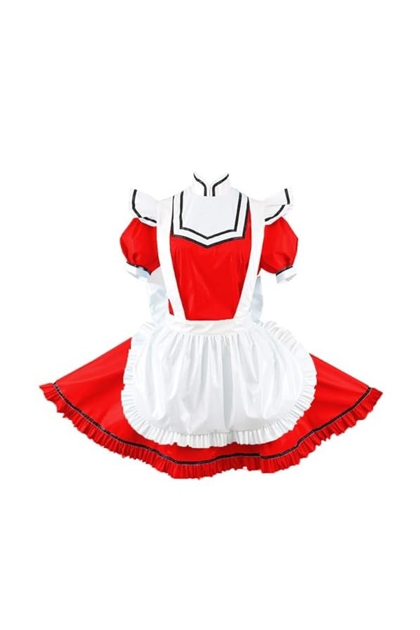 JQYTEN Sissy Shiny PVC Peter Pan Collar A-Line Dress Cosplay Exotic Maid Dress with Apron Wet Look Glossy Leather Mini Pleate