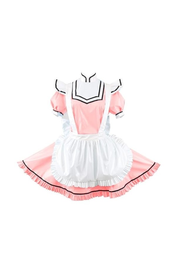 JQYTEN Sissy Shiny PVC Peter Pan Collar A-Line Dress Cosplay Exotic Maid Dress with Apron Wet Look Glossy Leather Mini Pleate