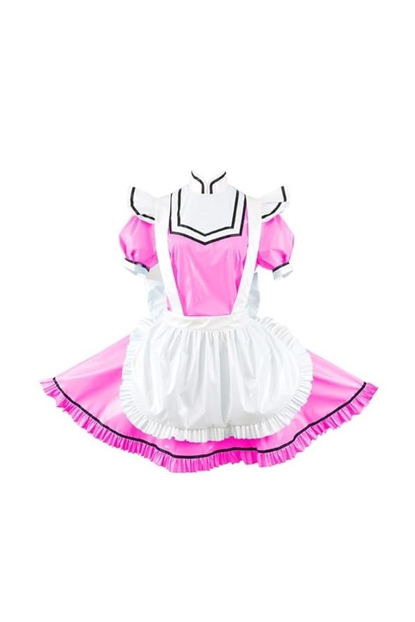 JQYTEN Sissy Shiny PVC Peter Pan Collar A-Line Dress Cosplay Exotic Maid Dress with Apron Wet Look Glossy Leather Mini Pleate