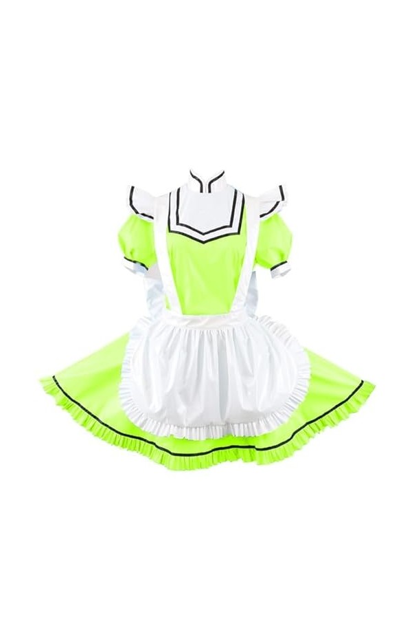 JQYTEN Sissy Shiny PVC Peter Pan Collar A-Line Dress Cosplay Exotic Maid Dress with Apron Wet Look Glossy Leather Mini Pleate