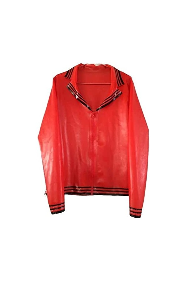 Latex Caoutchouc Femmes Manches Longues Revers Haut Rouge Et Noir Rayé Avec Fermeture Éclair,Rouge Noir,Petit