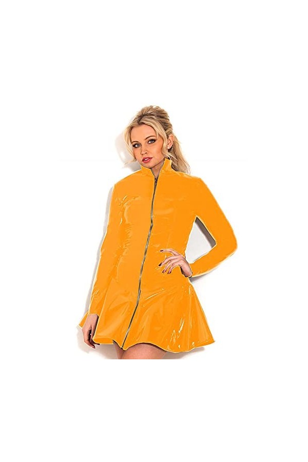 UUKR Manches longues A-Line Robe PVC Femmes Sexy Full Full Fermeture fermeture à glissière Vestine Glossy Stand Collier Clubw